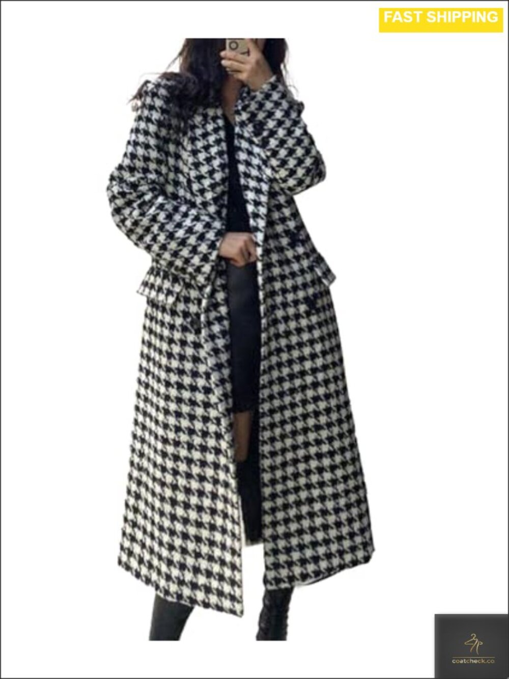 Women's Houndstooth Double Breasted Trench Coat Warm Quilted Lined Long Overcoat